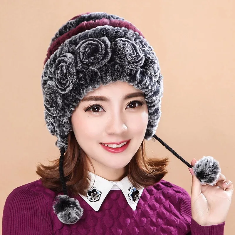 Fashion girl fur cap lady winter natural real rex rabbit fur hat high quality women warm Beanies genuine fur free shipping - Цвет: color 2