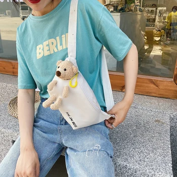 

Fashion Canvas Waist Bag Women Cartoon Bear Cute Zipper Chest Shoulder Crossbody Pack Outdoor Casual Phone Pouch
