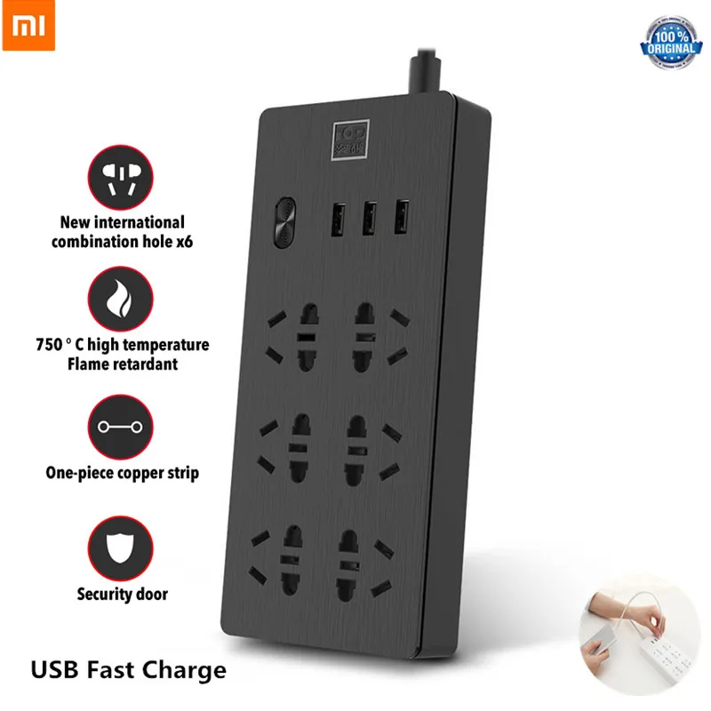 

Original Xiaomi TP 6 Ports /2 Ports Power Socket Overload Protection 750 Retardant Flame Home Electronic Extension Socket Black