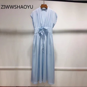 

ZIWWSHAOYU Summer Women Fashion Casual Vacation Midi Dresses Runway Designer Ladies Blue Sleeveless Bow Split V-Neck Dress