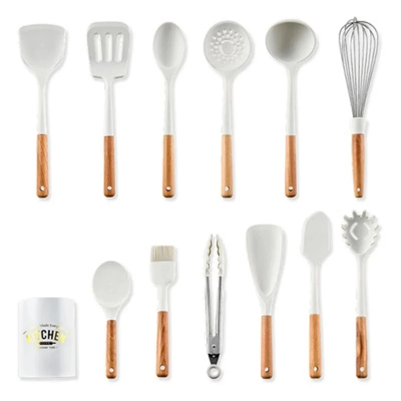 1PCS White Silicone Kitchenware Extended Head Spatula Kitchen Tool Modern Minimalist Solid Wood Handle Cooking Baking Tool