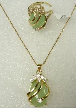 

fine FINE green Natural jadeite CZ pendant ring #6,7,8,9 set