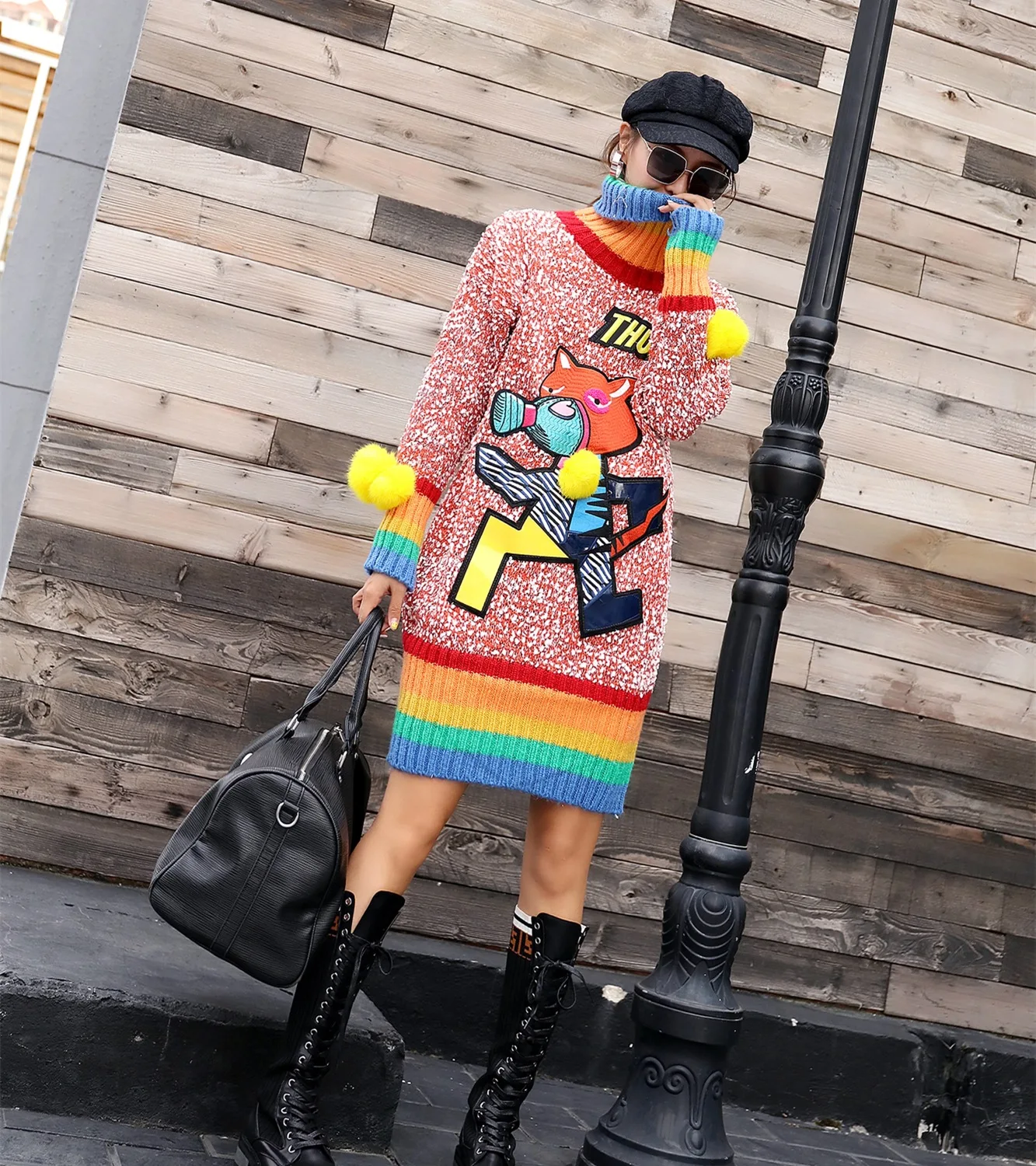 Мультяшные нашивки, длинный стильный свитер для женщин, уличная теплая зимняя одежда, свитер, мини-платья - Цвет: Оранжевый