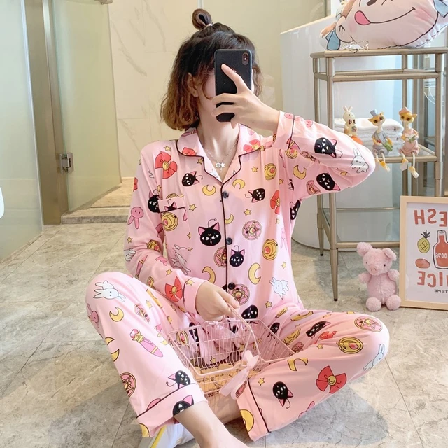 Anime Kawaii Print Pink Pajama Cartoon Luna Cat V-Neck Long Sleeve Japan Cardigan Pyjama Homewear Ins _ - AliExpress Mobile