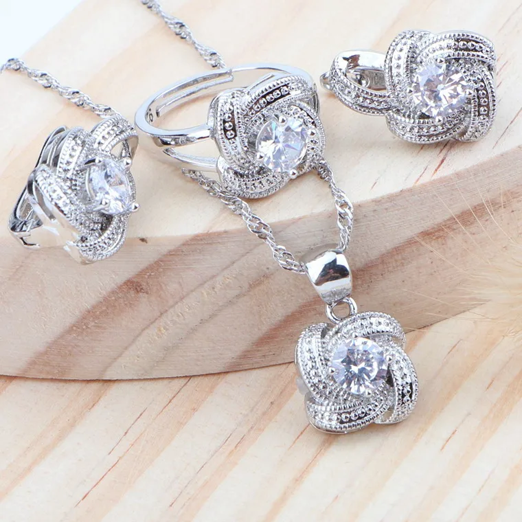 Циркониевый свадебный ювелирный набор серебро 925 драгоценный камень серьги кольца ожерелье свадебный набор украшений для женщин аксессуары - Окраска металла: White