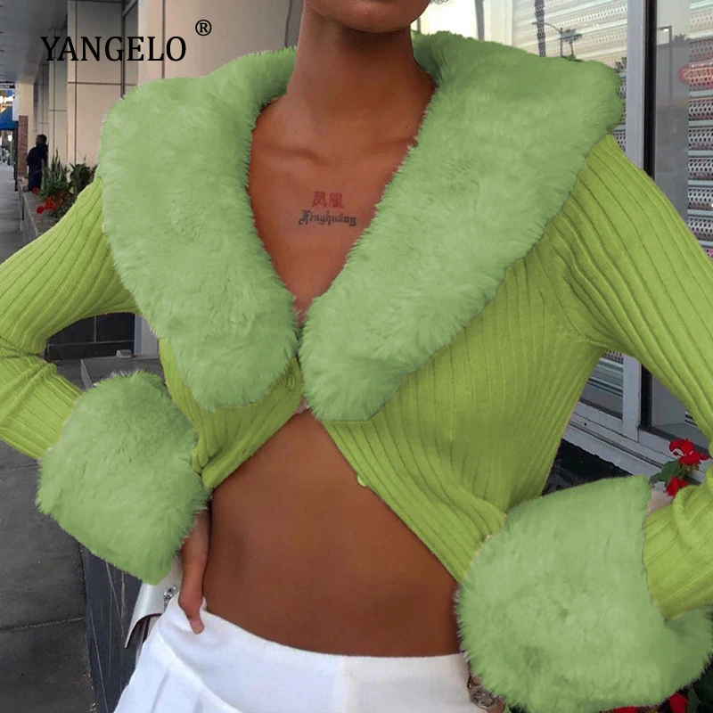 

Yangelo Women's Sweater Solid Color Fur Collar Long Sleeve Cardigan Single Button Autunm Winter Sexy Girl's Tops 2020 Casual