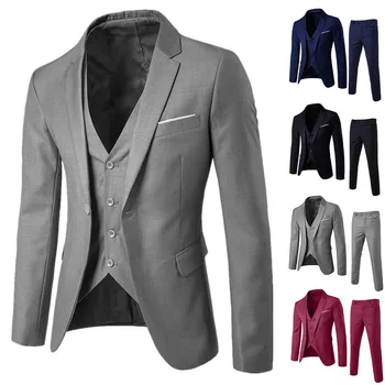 

2019 Men's Business Groomsman Suit Pants Vest Sets Suit + Vest + Pants 3 Pieces Sets Slim Suits Wedding Party Blazers Jacket