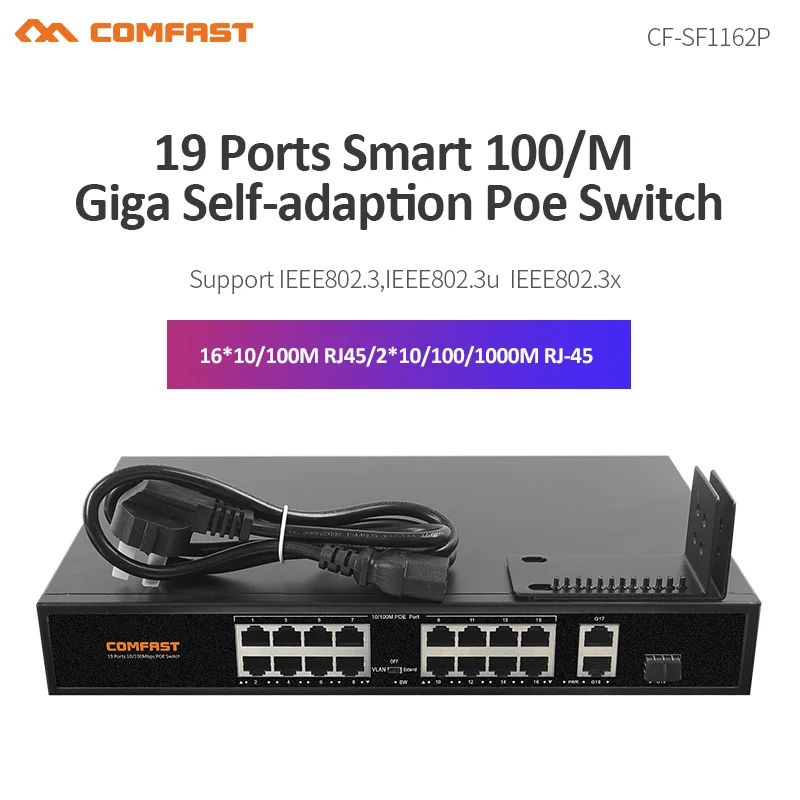 

High Speed 100M/Gigabit self Poe Switch 16*10/100M RJ45 Port +2 *10/100/1000M RJ45 UP link Ports +1*1000 SFP 802.3af/at Switch