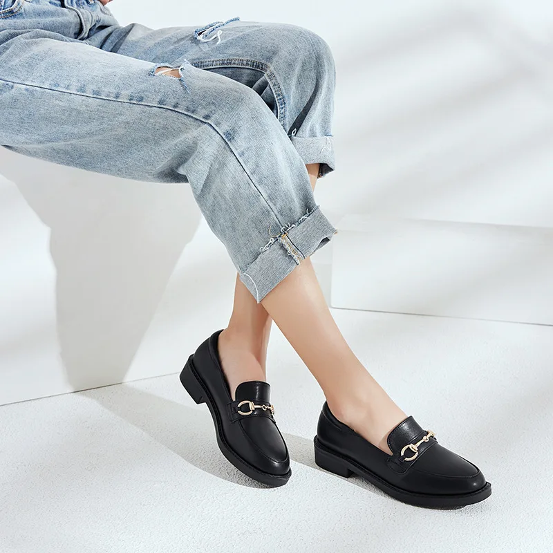 

Small Leather Shoes Women's British-Style 2019 New Style Online Celebrity Students Work Casual Black And White with Pattern Kore