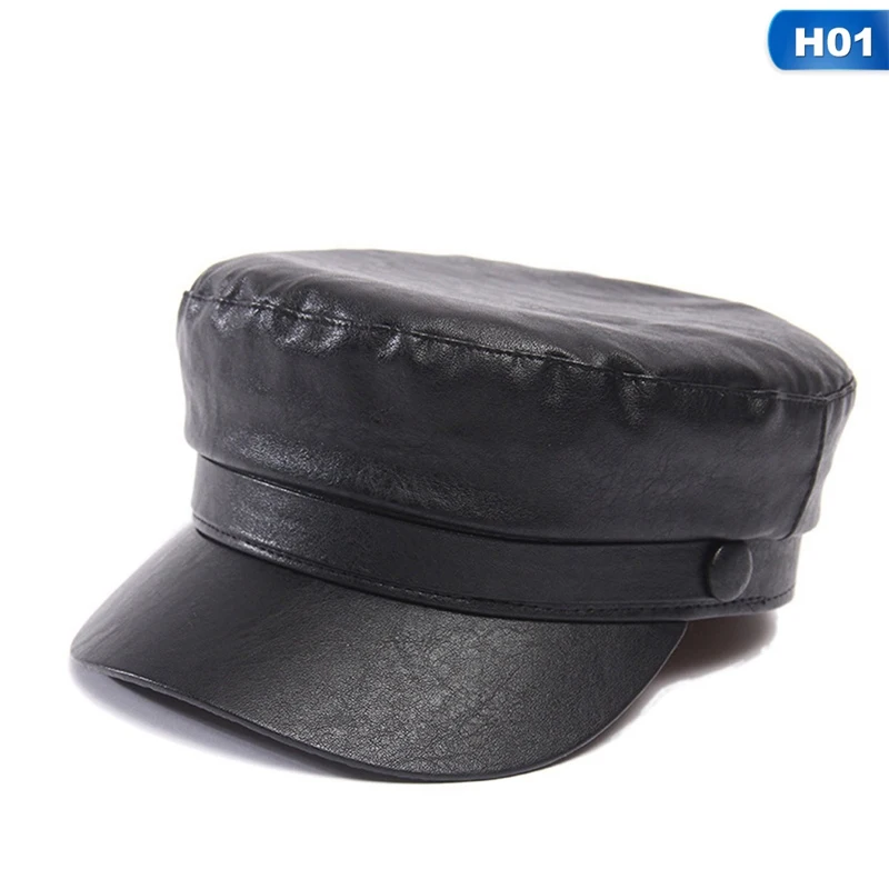 Fashion PU Leather Military Hat Autumn Winter Wool Sailor Hat For Women Men Black Flat Top Female Travel Cadet Hat Captain Cap - Цвет: H01