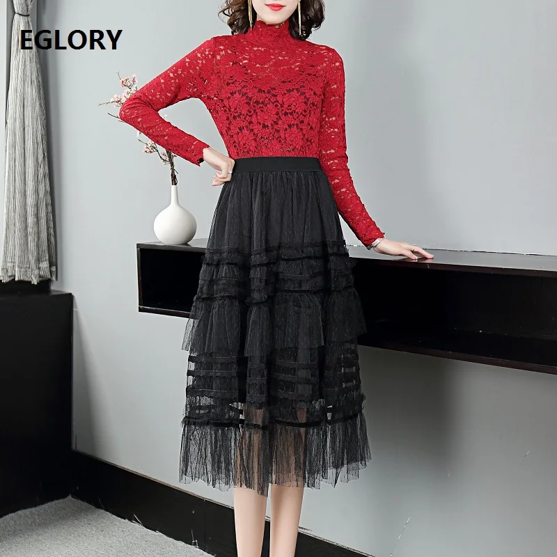 

2020 Autumn Winter Fashion 2 Piece Set Women Turtleneck Red Lace Tops+High Waist Lace Mesh Skirt Sets Female Casual Clothing