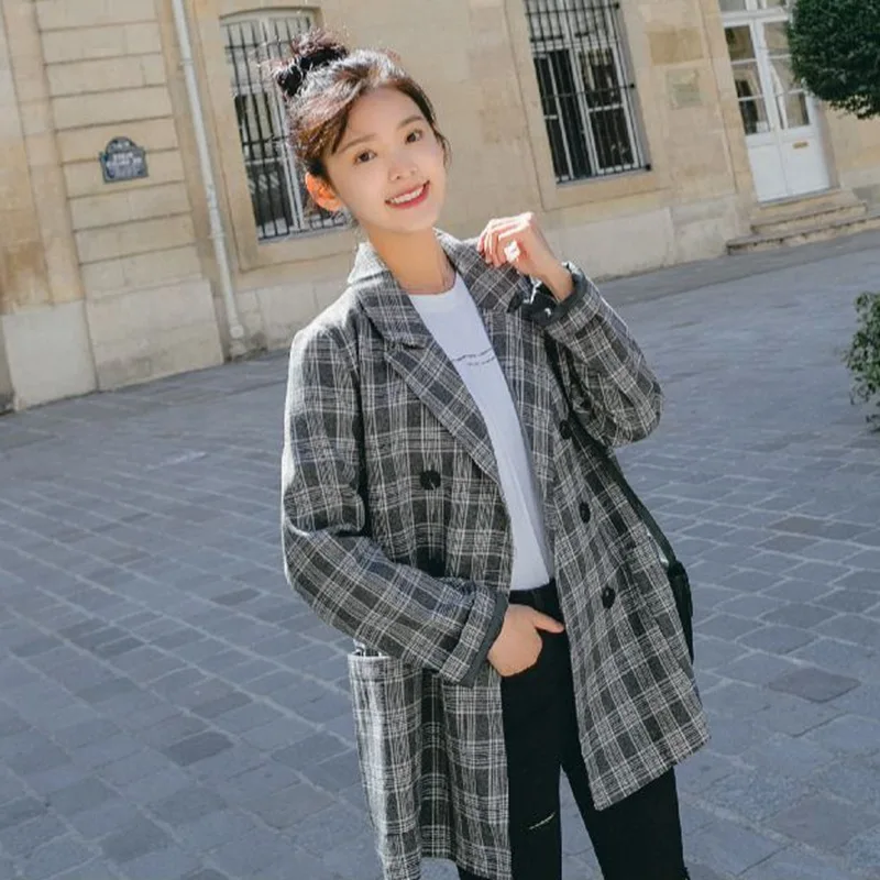 

Photo Shoot Korean-style CHIC Hong Kong Style Small Suit Plaid Suit INS Retro Grey Plaid Loose-Fit BF Coat Women's Autumn