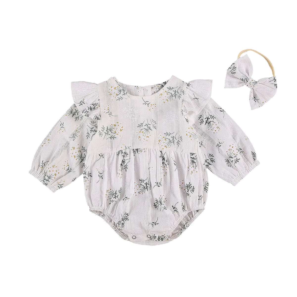 

Newborn Infant Baby Girls Bodysuits Ruffles Long Sleeve Cotton Jumpsuits +Headband 0-24M