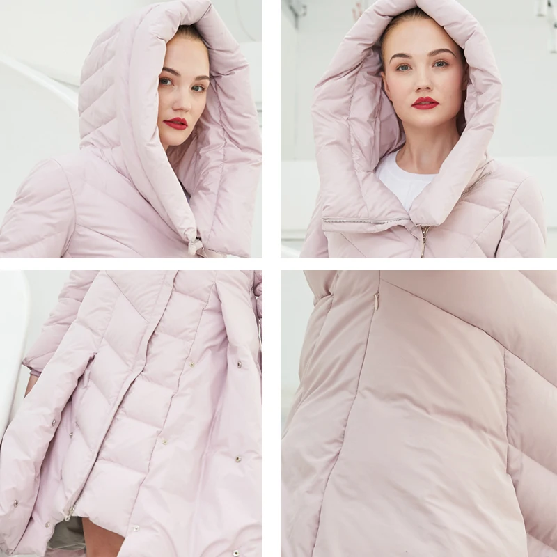 INKEO  Luxury Winter Women Pleated Down Jacket Elegant Skirt Type 90% White Duck Down Coat Female Thick Overcoat Pink O688