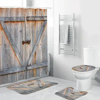 

4PCS/Set Old Wooden Door Shower Curtain Bath Curtain Waterproof Polyester