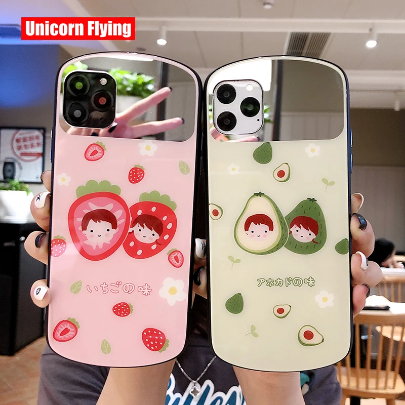 

LinXiang Cartoon Cute Lovers Strawberry Avocado Mirror Phone Case Back Cover For iphone 7 8 Plus X XS Max XR 11 Pro