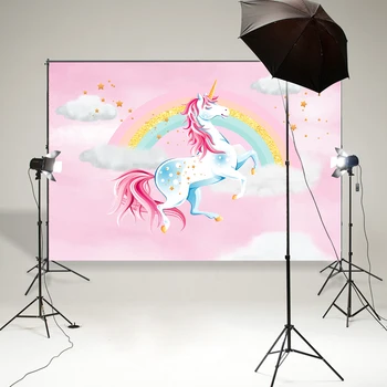 

Cartoon unicorn birthday party background pink rainbow clouds photographic backdrop baby shower candy table banner poster B-914