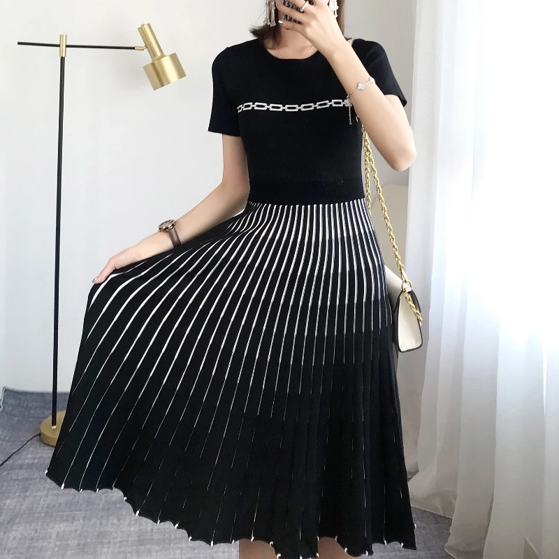 Women Dress Striped Knitted Elegant Bodycon Color Block Vestidos Slim Short Sleeve Robe Pullovers Office Lady Overalls