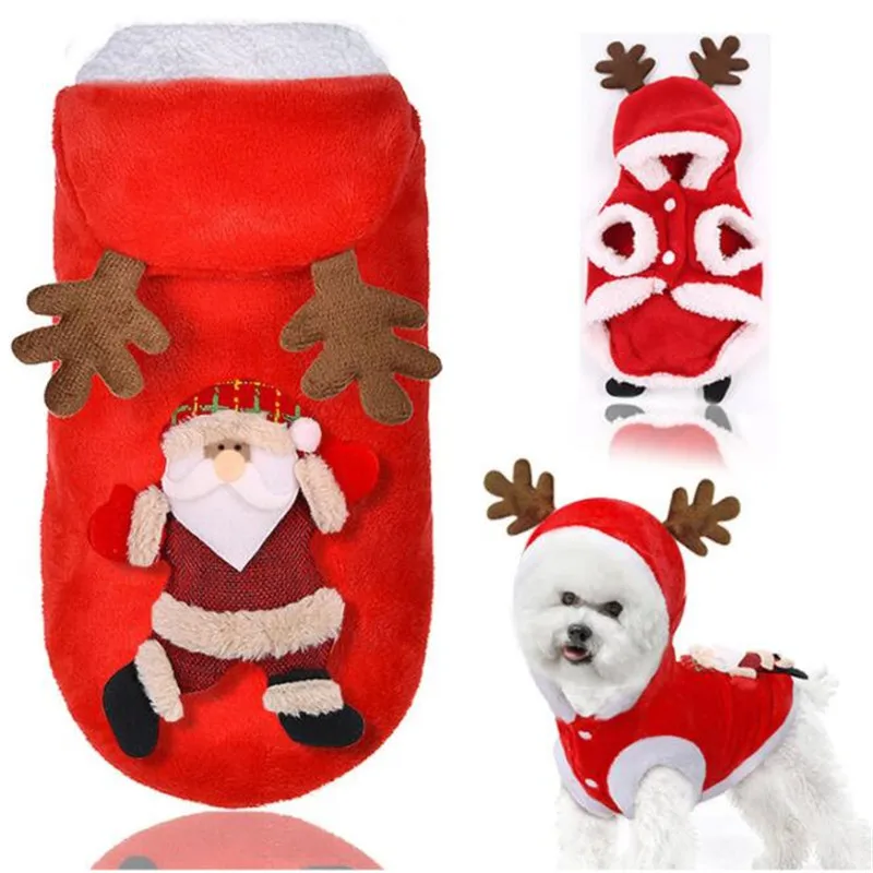 

Pet Christmas Santa Claus Hoodies Reindeer Costume for Small Dogs Cats Comfortable Warm Flannel Puppy Dog Bulldog Xmas Clothes