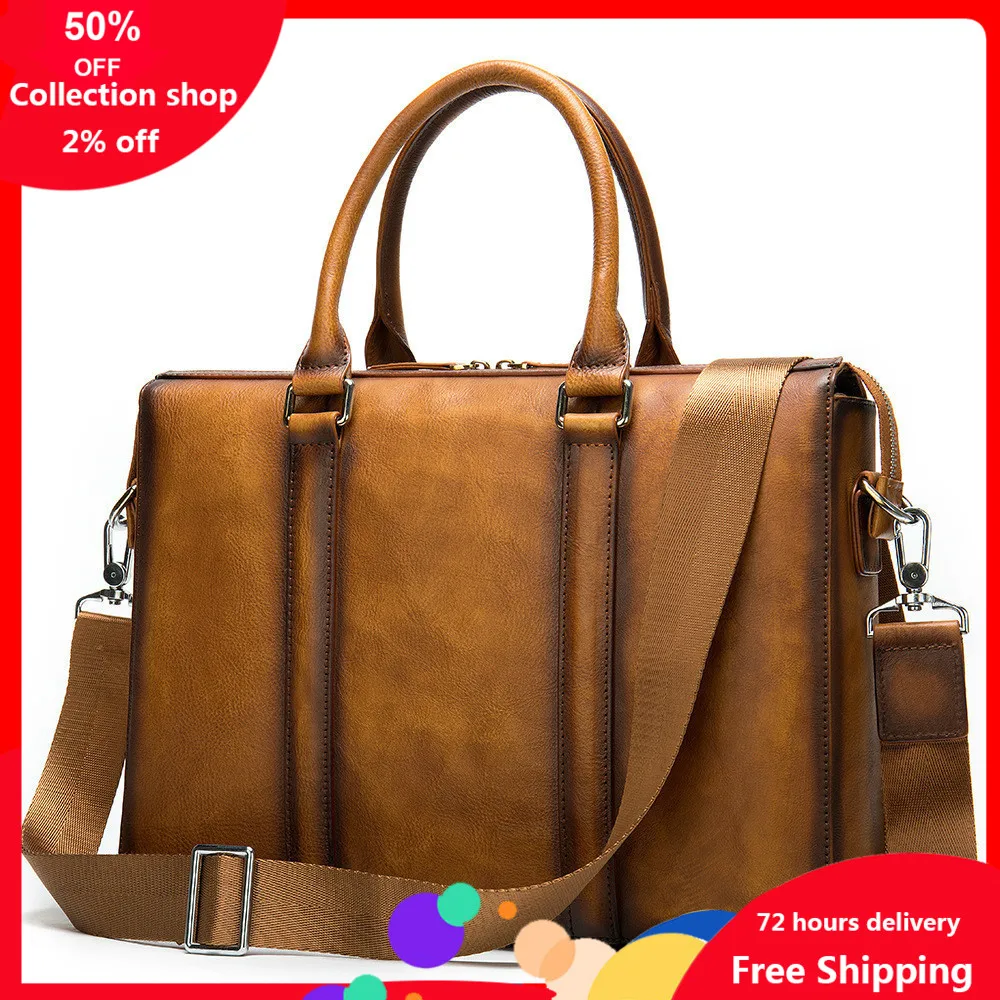 

Man Briefcase Leather Genuine messenger computer bag office bags for men Wipe Color 14 Inch luxury handbags hands free shipping