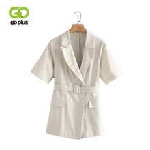 GOPLUS Retro Linen Blazer Feminino Ladies Blazers Blet Female Summer Short Sleeve Double Breasted Suit Jacket Women Blaser Mujer