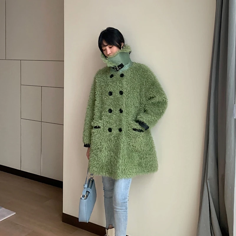 green Real Fur Coat Female Wool Jacket Autumn Winter Coat Women Clothes Korean Vintage Sheep Shealring Tops ZT4242 - Цвет: green