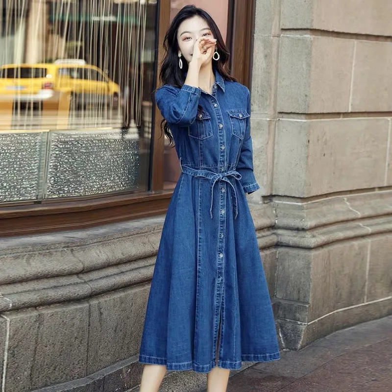 Günstige Europa Mode Denim Hemd Kleid Frauen Langarm Blau Jeans Kleider Taschen Frühling Herbst Retro Kleidung