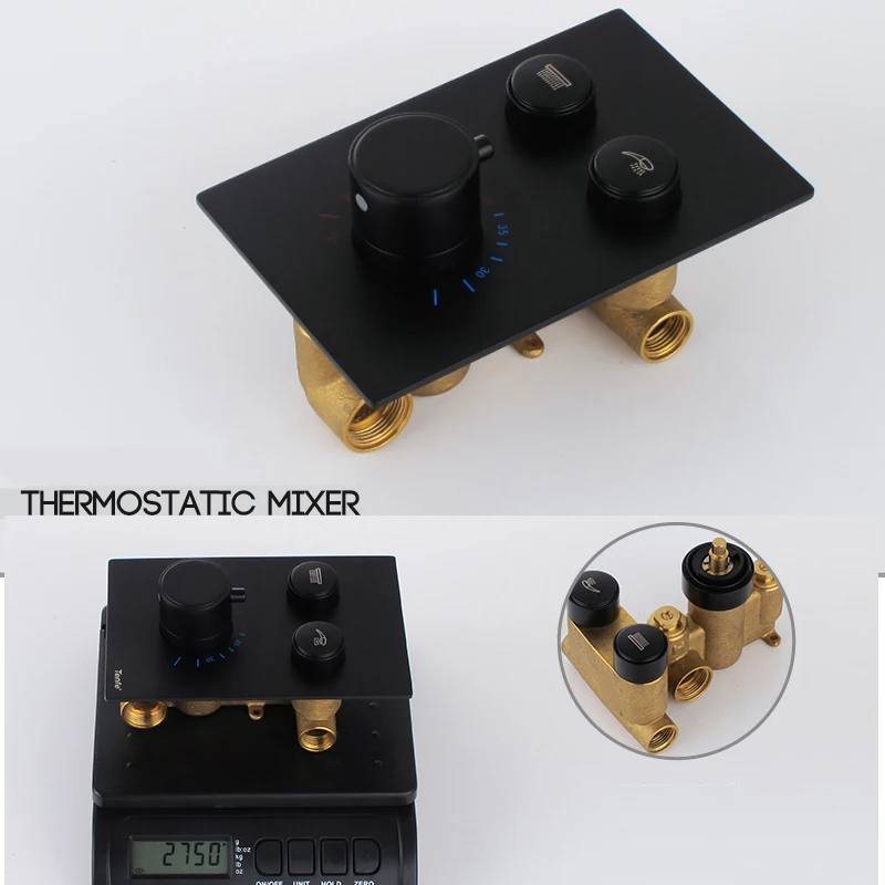 quyanre wanfan matte black chrome 2-way thermostatic mixer valve concealed bath shower mixer 2 buttons control switch bath shower1