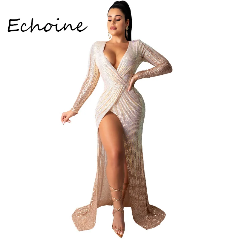 Elegant Fashion Party Night Dresses Sexy Sequin Long Dress High Split Out Deep V-neck Open Up Clubwear Vestidos Plus Size 2xl | Женская