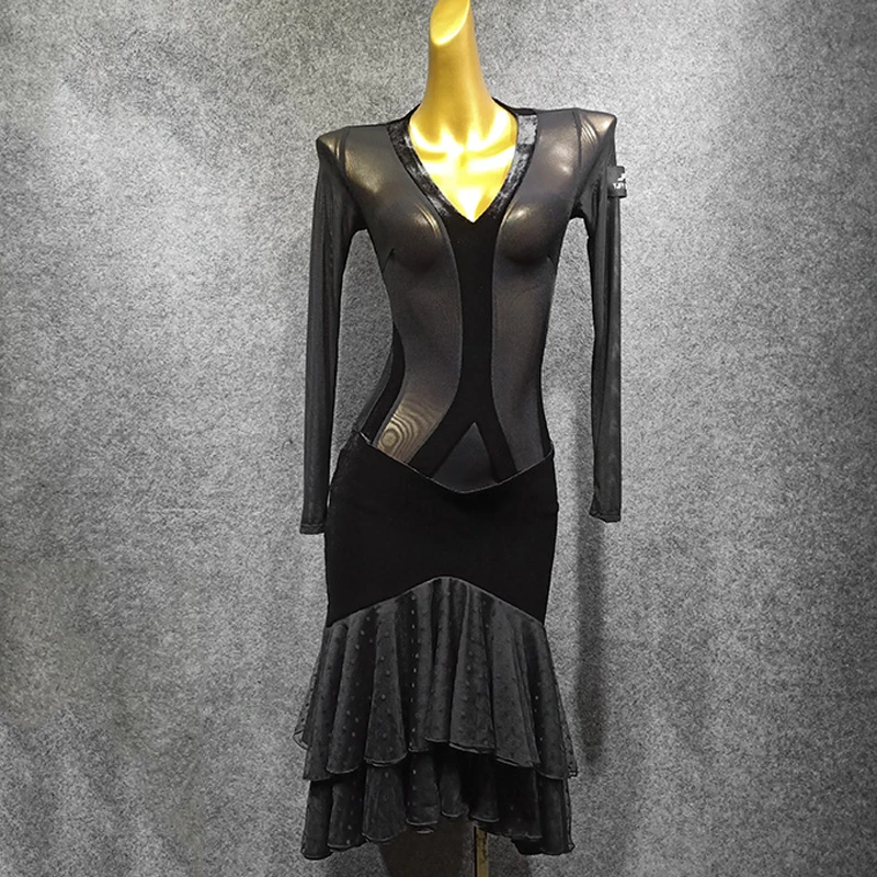 Black Dress Платье для латинских танцев, дизайн, женское черное осеннее платье с длинным рукавом, платье для выступлений сальсы, сексуальное платье для соревнований, платье для латинских танцев, VDB1112 - Цвет: Black Dress