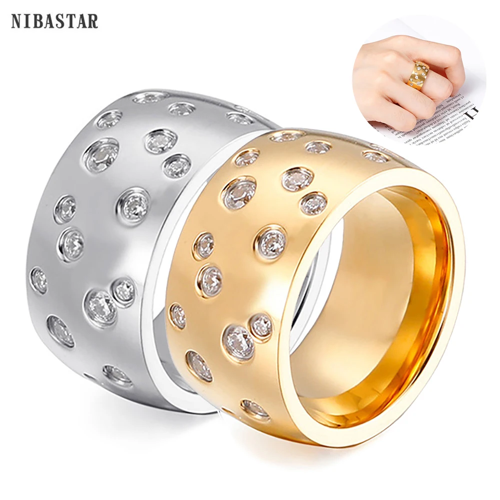 Simple Stainless Steel Women 10mm Ring Shining Crystal Wedding Promise Jewelry Accessories Retail