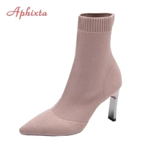 Aphixta lâmina de metal saltos meias botas femininas tecido elástico stilettos calcanhar apontou toe tornozelo botas mulher barcos