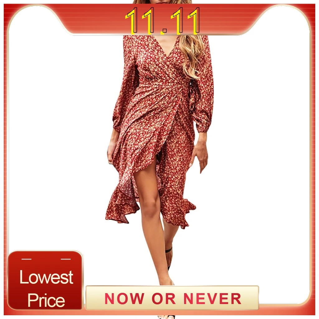 Womens V Neck Flower irregular Print Long Sleeve Strappy Casual Dress Strap Floral Boho Bohemian Beach Dress#C | Женская одежда