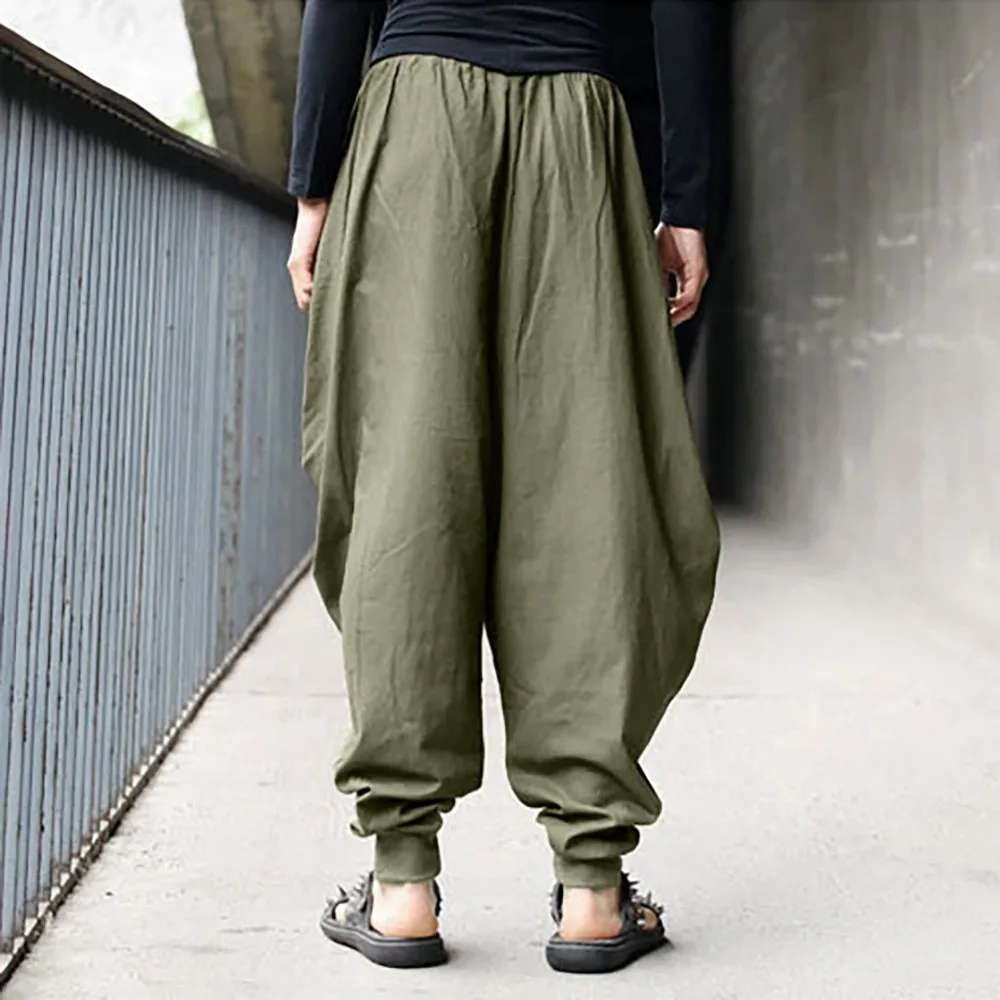 Men Harem Linen Pants Hakama Casual Wide Leg Japanese Trousers Cross-pants Crotch