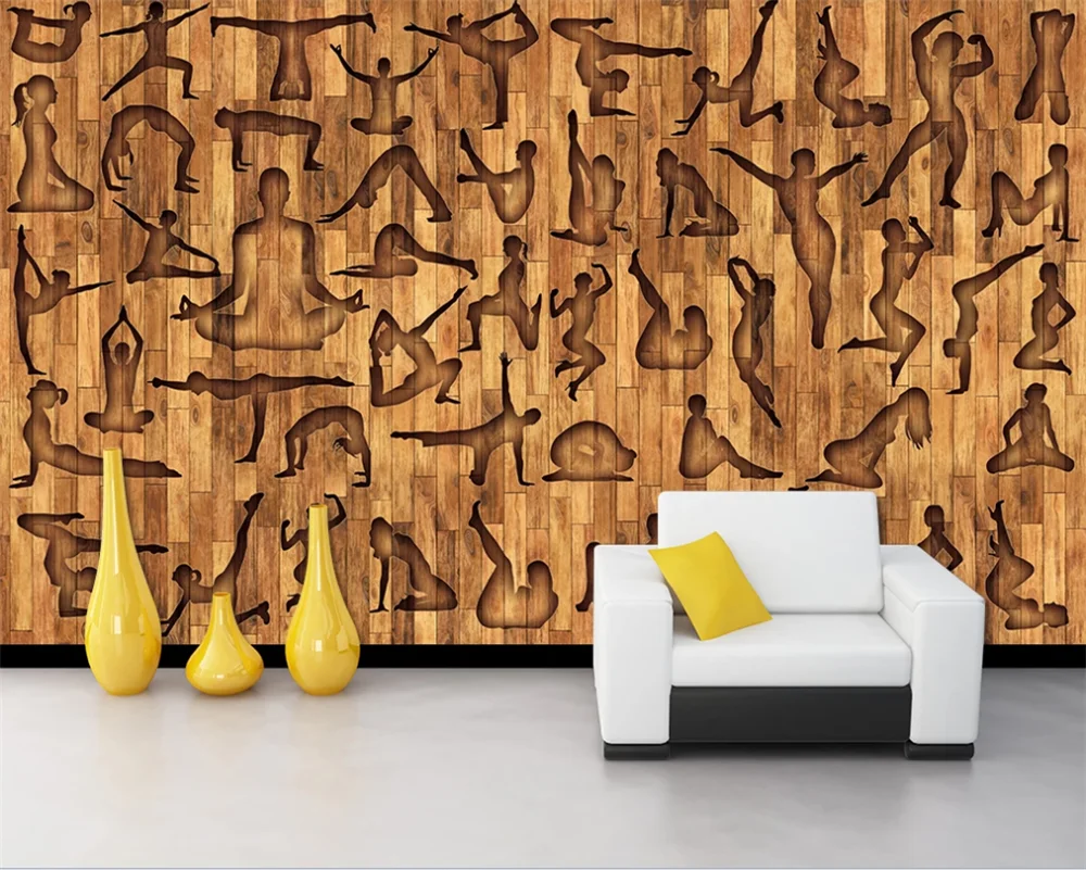 Customized 3d wallpaper mural fitness sports yoga leisure club board wood grain tooling background wall