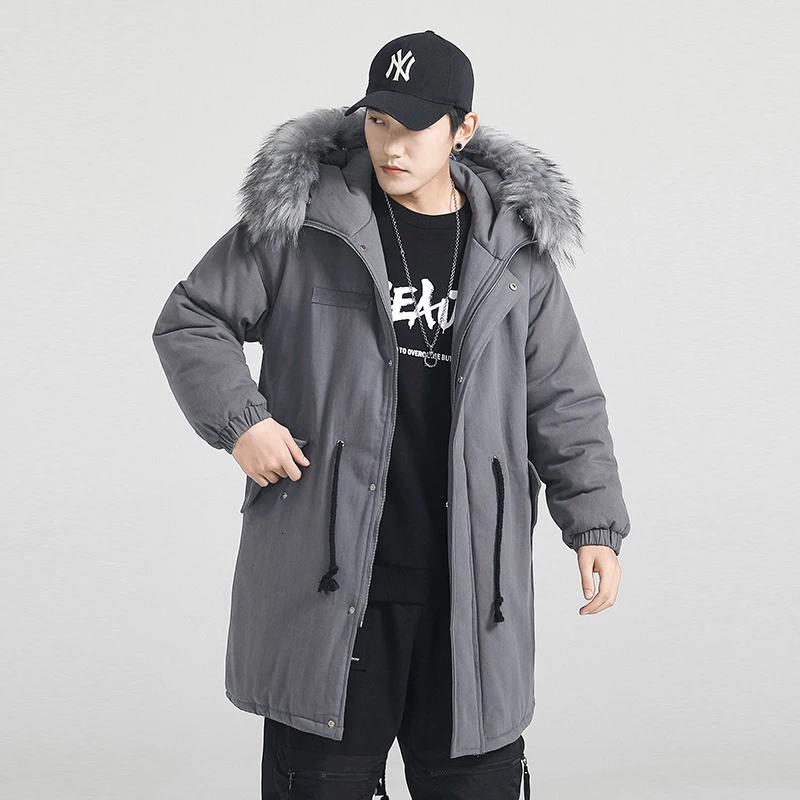 Зимнее длинное пальто, мужское теплое модное однотонное повседневное утолщенное пальто с капюшоном, Мужская Уличная свободная хлопковая куртка, парка для мужчин - Цвет: gray