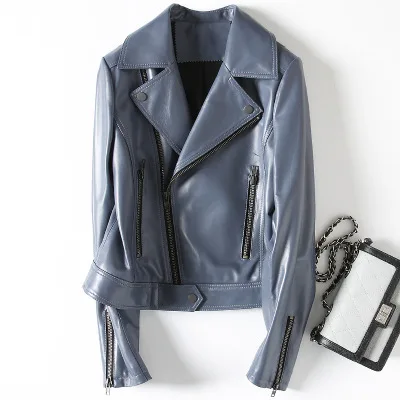 

real genuine sheep leather moter jacket short coat 2020 fashion with zipper blue gray color