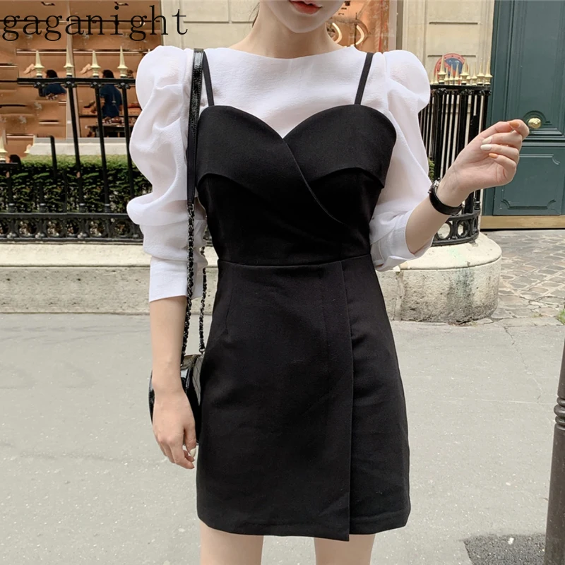 

Gaganight Vintage New Fashion Women White Elegant Pull Sleeve Shirt Black Mini Short Sexy Dress Office Lady Spring Summer Chic