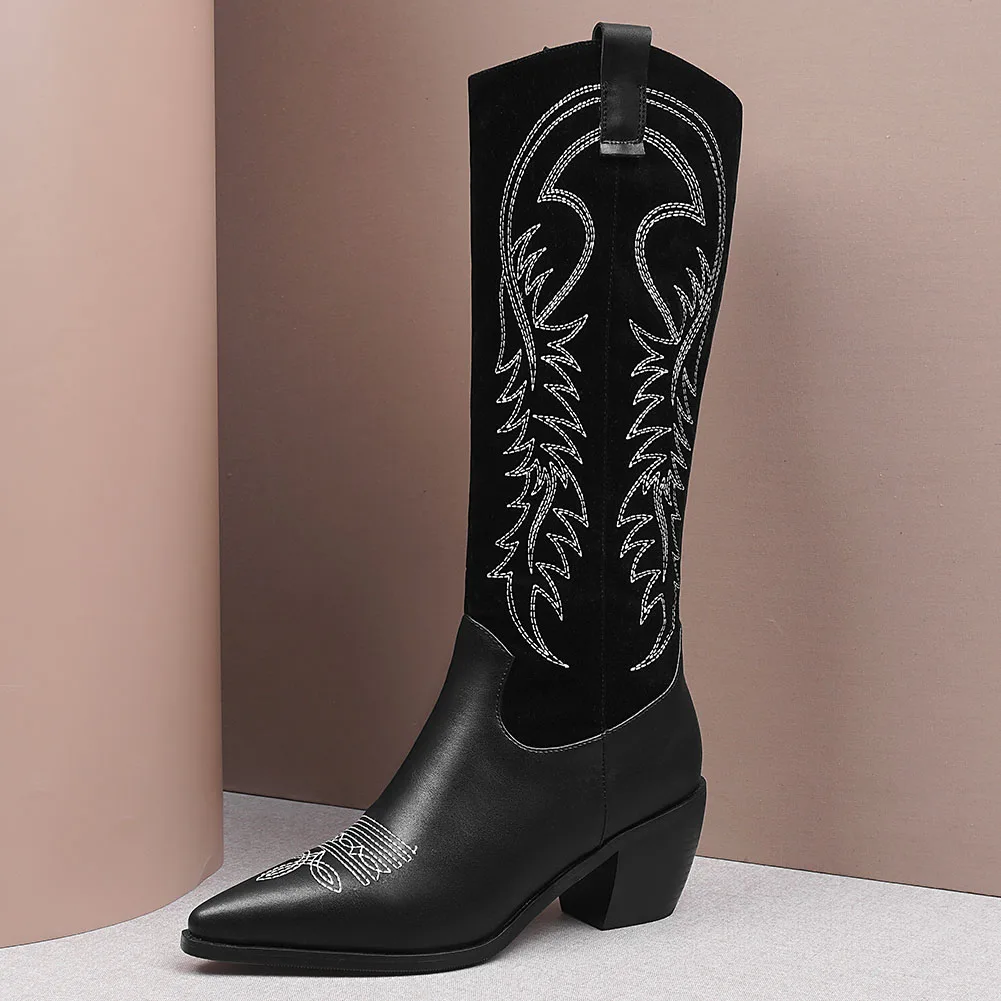 BONJOMARISA New 34-46 Brand Pointed Toe Sewing Cowboy Boots Ladies Trendy mid-calf Western Boots Lady High Heel Shoes Woman