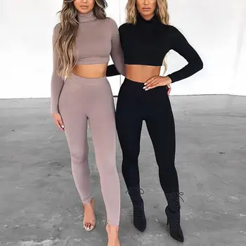 

2Pcs Women Sexy Turtle Neck Long Sleeve Crop Top Skinny Pants Sports Tracksuit