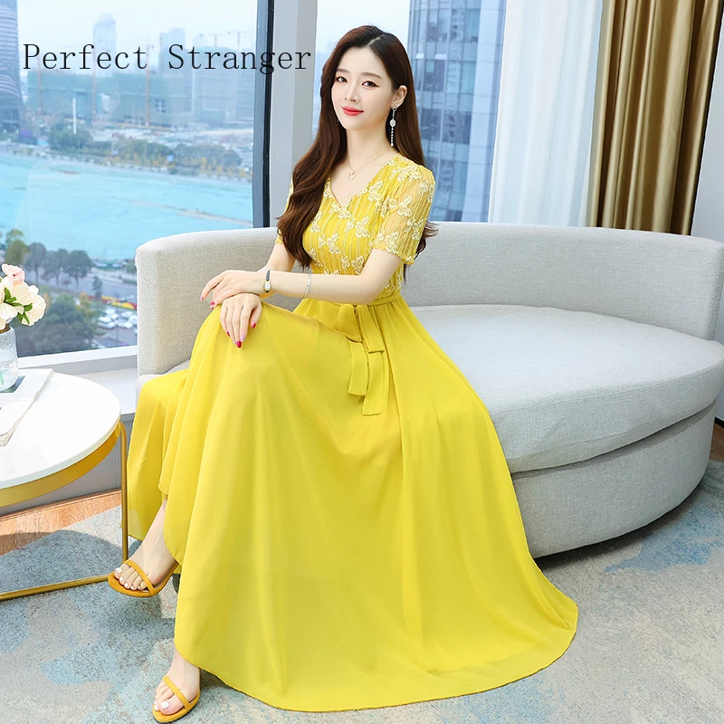 Vestido largo de gasa para mujer, prenda elegante manga corta con cuello en V, cintura hasta rodilla, novedad de verano 2022|Vestidos| - AliExpress