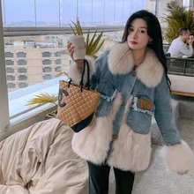 

New Women Denim Parkas Autumn Winter Casual Fashion Young Style Fox Fur Collar Down Liner Thick Warm Patchwork Fox Fur Fur Coat