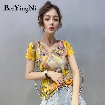 

Beiyingni 2020 Summer Fashion Harajuku T-shirt Women Print Vintage High Elastic Casual Female T Shirts Skinny Top Woman Teeshirt