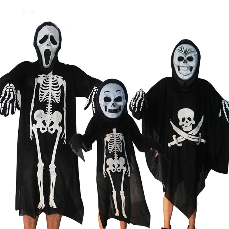 

Halloween Cosplay Skeleton Ghost Costume Carnival Masquerade Horror Dress Adults Kids Clothes Set with Skull Devil Mask Gloves