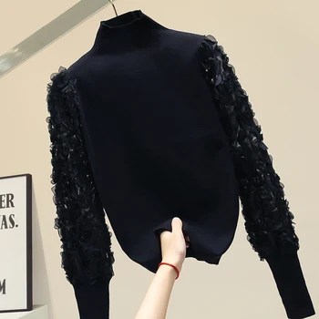 

Turtle-Neck Sweater Women's New Lantern Sleeve Thick Long Sleeve Sweater Ladies Flower Sleeve Sweaters Jumper Pull Femme