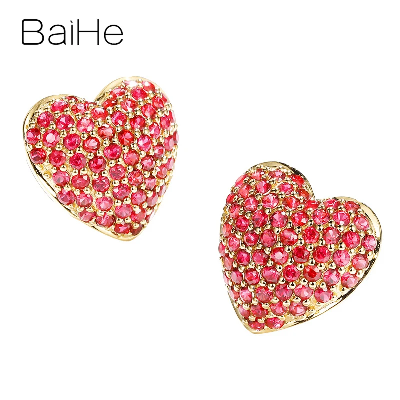 BAIHE Real Solid 14K Yellow Gold Natural Rubis/Tsavorite Earrings Wedding Trendy Fine Jewelry Making Heart Stud Women | Украшения и