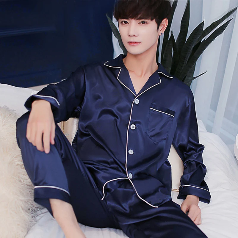 mens cotton pajama bottoms CAIYIER Spring Summer Silk Men Pajamas Set Solid Color Long Sleeve Sleepwear Modern Style Soft Men Nightwear Loose Homewea L-3XL best mens pajamas Men's Sleep & Lounge