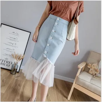 

Fashion Women Denim Skirt Patchwork Mesh A-Line Jeans Skirt Summer 2020 New Trumpet Cowboy Skirt Femme Casual Knee-Length H424