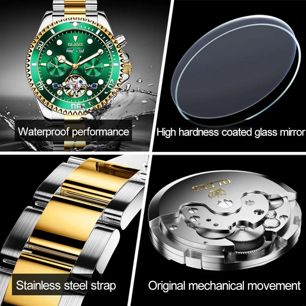 Original OLEVS Luxury Men Watch Automatic Mechanical Brand Fashion Waterproof Sports Stainless Steel Brand Wristwatch Box