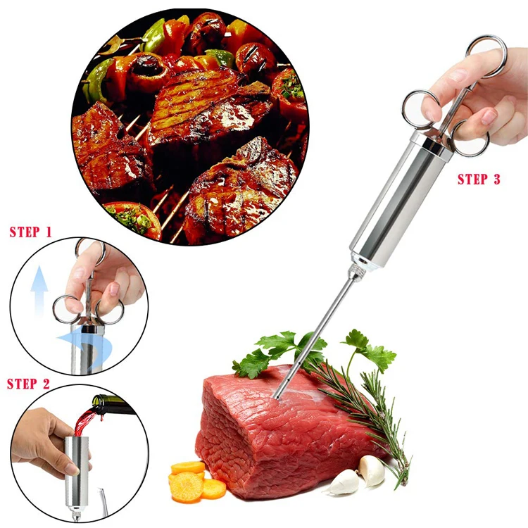 Seasoning Injection Marinade Injectors Turkey Meat Injectors Spice Flavor 2 Oz Stainless steel Sausage Syringe Cooking Syringe